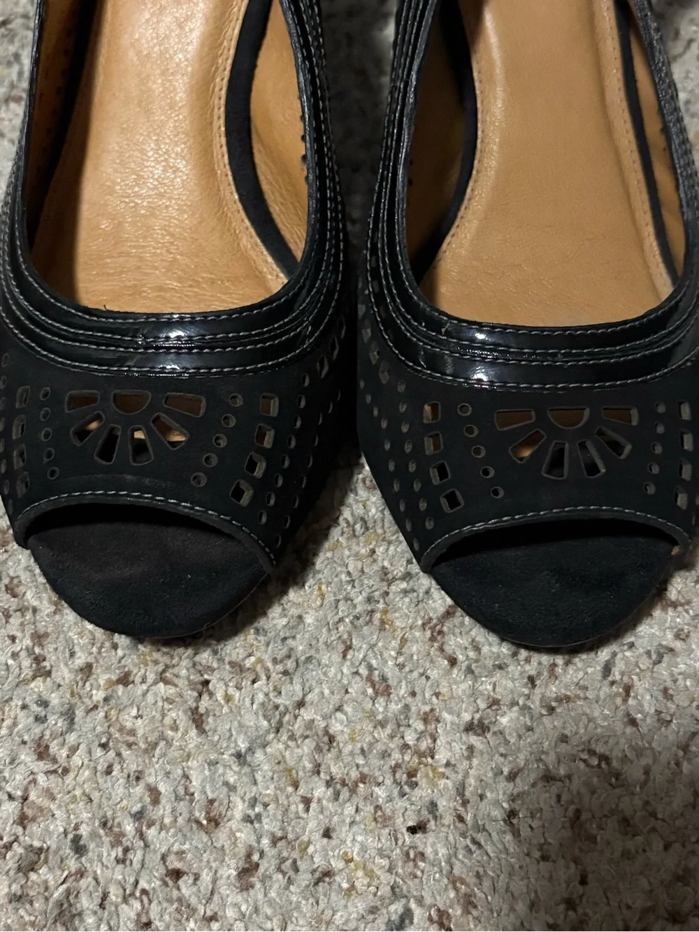 Nurture Peep Toe Slingback Heels Women 9.5M Black Laser Cut Kitten Heel‎